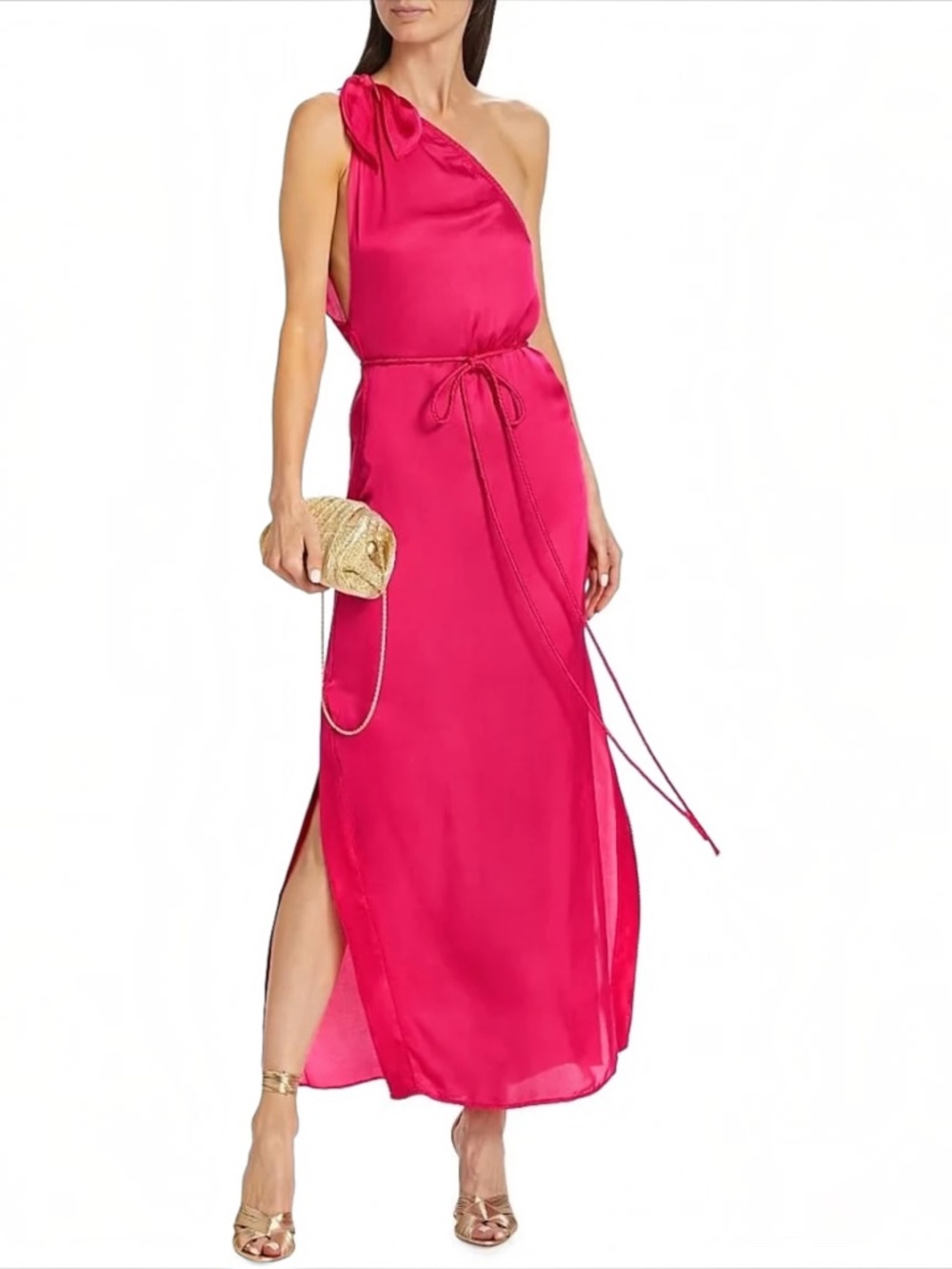 NWT Poupette St Barth Isabelle One Shoulder Long Kaftan Maxi Dress Fuchsia M/L